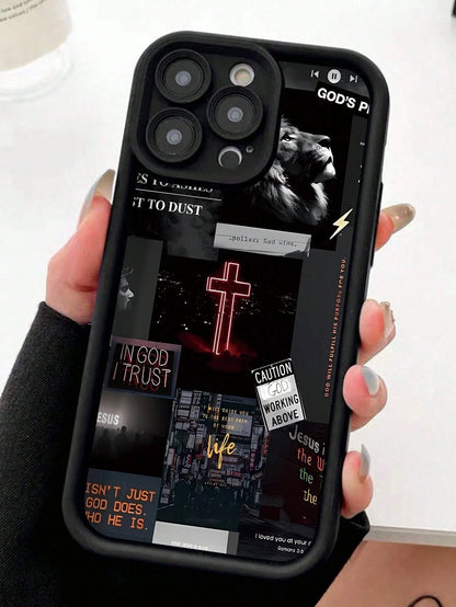 Apple Jesus 1pc Black Cross Pattern Reinforced Anti-Shock Anti-Fall Anti-Fingerprint Protective Phone Case Compatible With Iphone 15/15 Plus/15 Pro/15 Pro Max/11/12/13/14 Pro Max/XS/XR/11 Pro/11 Pro M