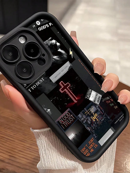 Apple Jesus 1pc Black Cross Pattern Reinforced Anti-Shock Anti-Fall Anti-Fingerprint Protective Phone Case Compatible With Iphone 15/15 Plus/15 Pro/15 Pro Max/11/12/13/14 Pro Max/XS/XR/11 Pro/11 Pro M