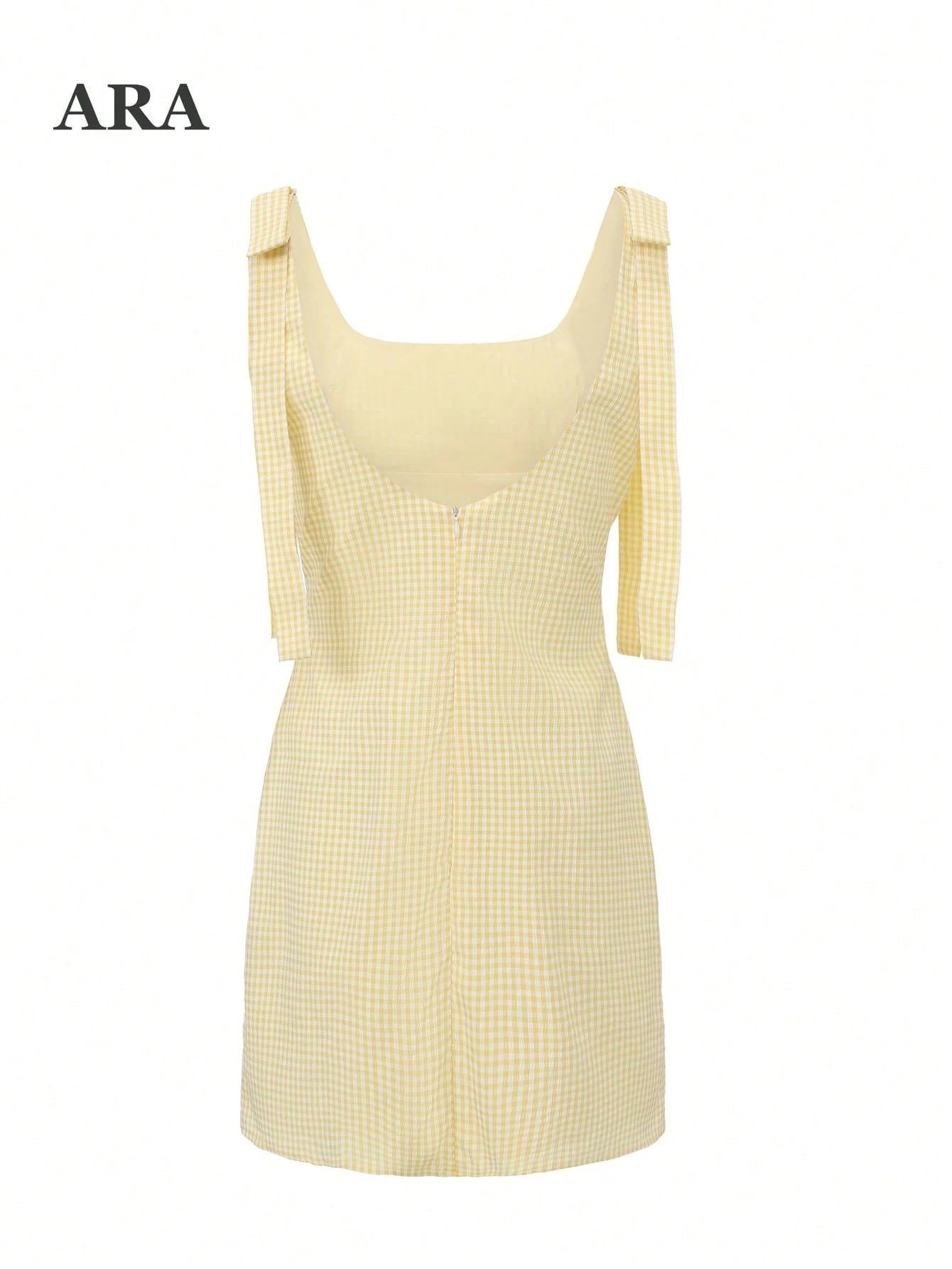 ARA CHIC Women's Gingham Tie Strap Square Neck Mini Dress, V Back Zip Bodycon Short Dress, Summer Beach Vacation Outfit