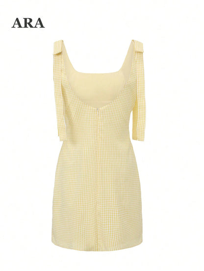 ARA CHIC Women's Gingham Tie Strap Square Neck Mini Dress, V Back Zip Bodycon Short Dress, Summer Beach Vacation Outfit