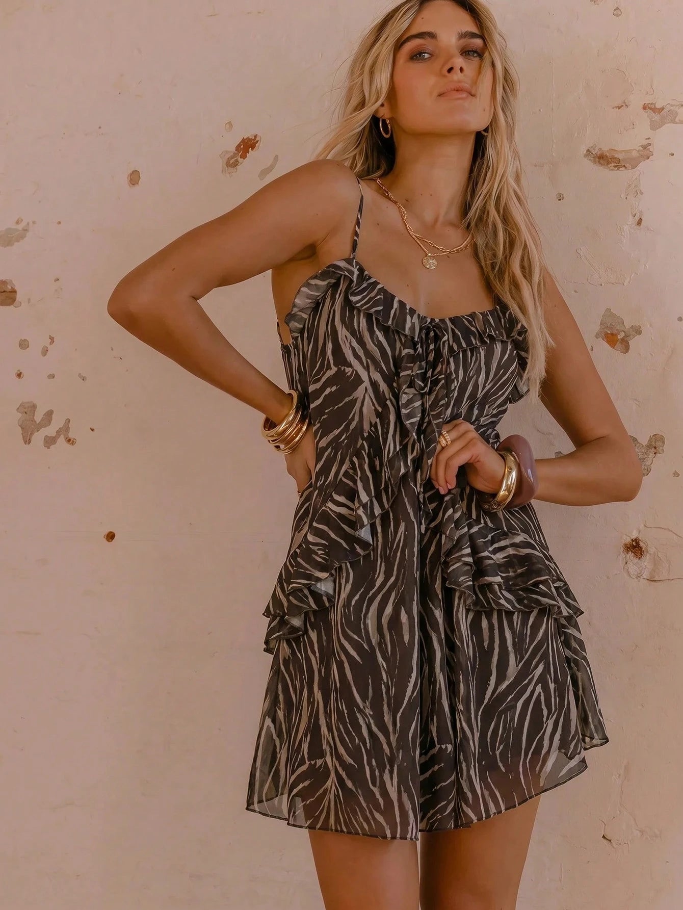 Aralina Summer Winter Ruffle Animal Print Sexy Pink Mesh Mini Dress