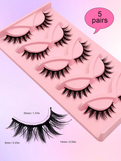 Asiteo 5 Pairs Spike Cartoon False Eyelashes, Japanese Anime Thick Cosplay False Lashes, Natural Thin Faux Mink False Eyelashes, Full Strip Doll Fake Lashes