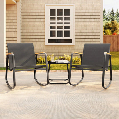 Asofer 3 Piece Rocking Bistro Set, Textilene Fabric Patio Furniture Set, Front Porch Rocker Chairs With Coffee Table For Lawn, Garden, Balcony, Poolside