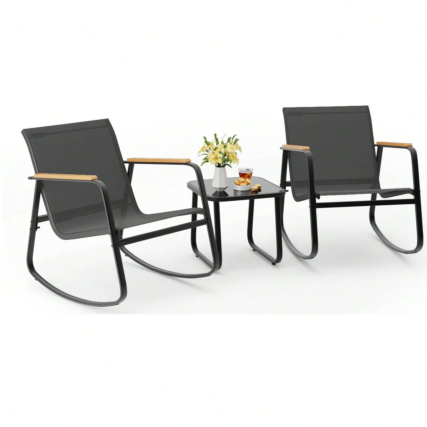 Asofer 3 Piece Rocking Bistro Set, Textilene Fabric Patio Furniture Set, Front Porch Rocker Chairs With Coffee Table For Lawn, Garden, Balcony, Poolside