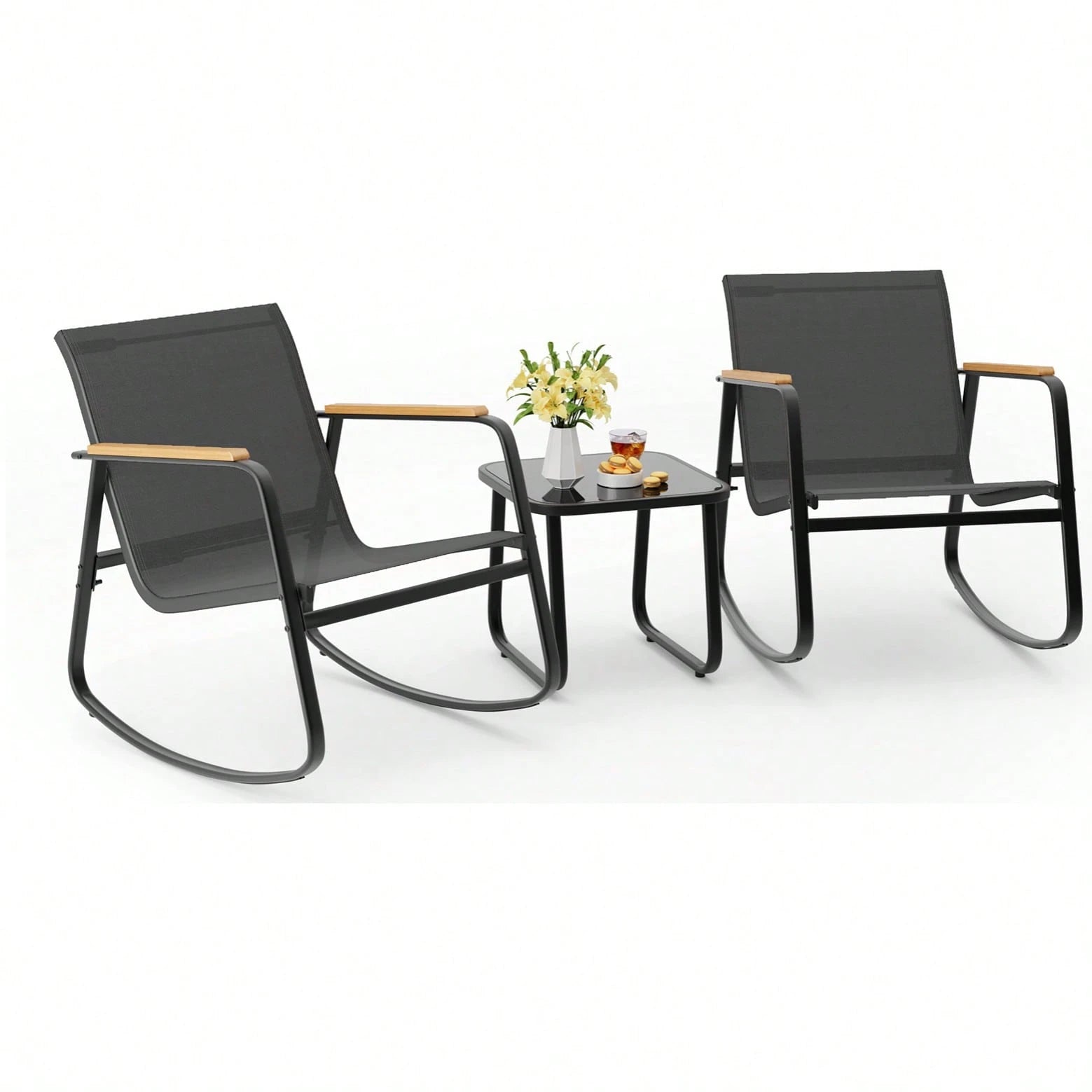 Asofer 3 Piece Rocking Bistro Set, Textilene Fabric Patio Furniture Set, Front Porch Rocker Chairs With Coffee Table For Lawn, Garden, Balcony, Poolside