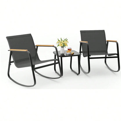 Asofer 3 Piece Rocking Bistro Set, Textilene Fabric Patio Furniture Set, Front Porch Rocker Chairs With Coffee Table For Lawn, Garden, Balcony, Poolside