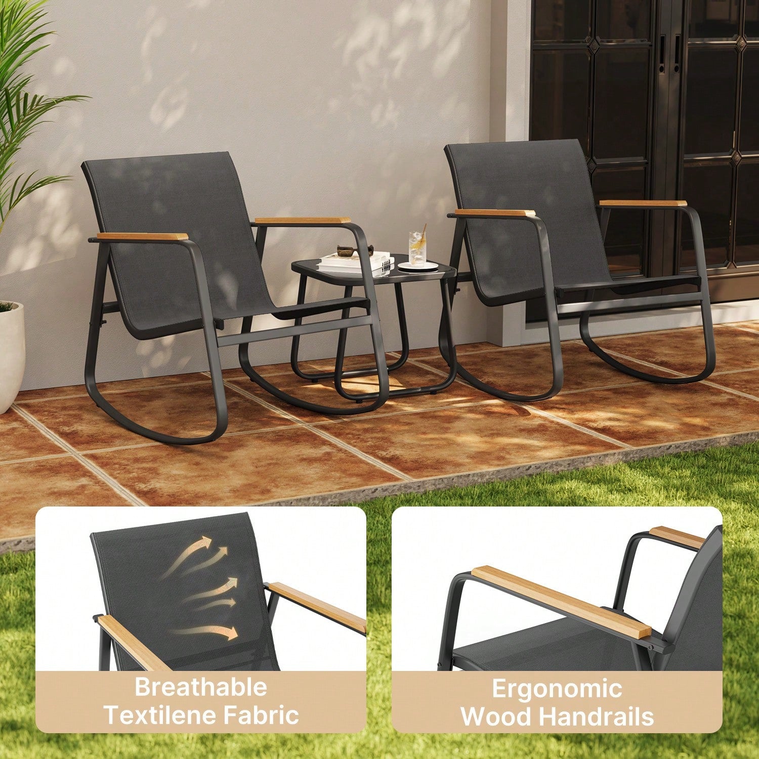Asofer 3 Piece Rocking Bistro Set, Textilene Fabric Patio Furniture Set, Front Porch Rocker Chairs With Coffee Table For Lawn, Garden, Balcony, Poolside