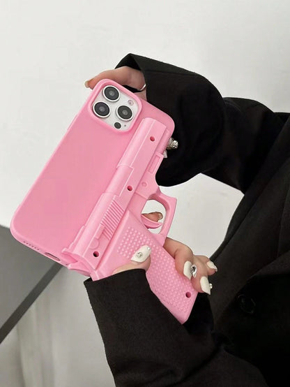 Asymmetrical Shaped Cute Pink Novelty Cases Unique Shaped Pink Ugly Cute Funny Toy Gun Protective Case Compatible With Apple 16, 17/17 Pro/17 Pro Max, 15, 14, 13, 12, 11 Pro Max Creative Niche Design