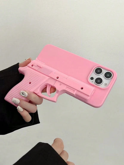 Asymmetrical Shaped Cute Pink Novelty Cases Unique Shaped Pink Ugly Cute Funny Toy Gun Protective Case Compatible With Apple 16, 17/17 Pro/17 Pro Max, 15, 14, 13, 12, 11 Pro Max Creative Niche Design