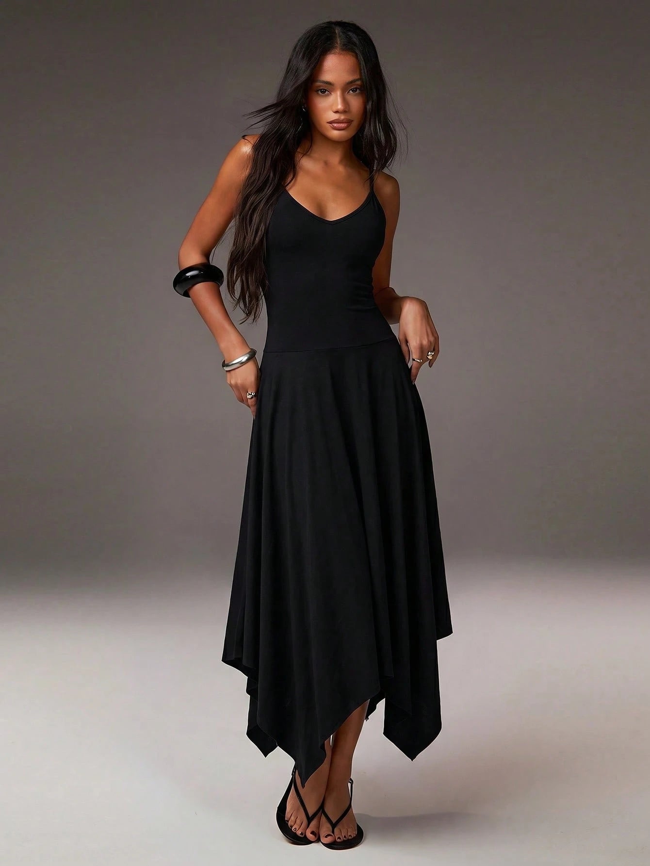 Athîral Women's Casual Spaghetti Strap Solid Color Knit Asymmetric Asymmetrical Midi Dress, Women's Flowy Everyday Dress, Casual Dress