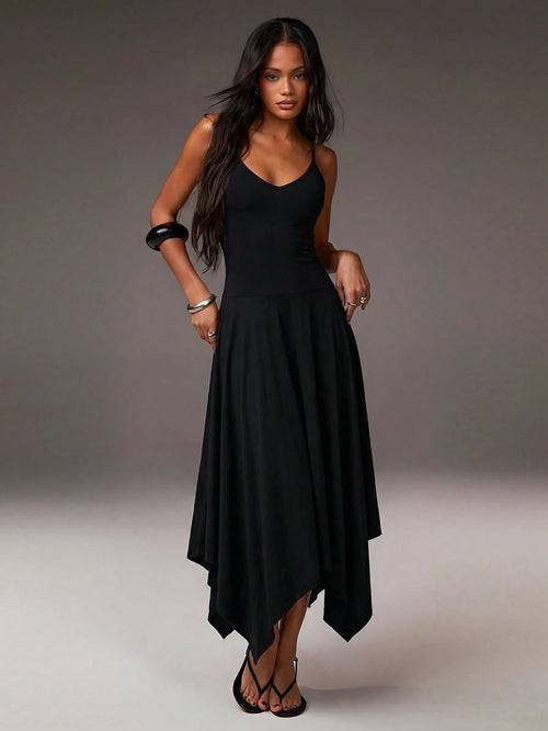 Athîral Women's Casual Spaghetti Strap Solid Color Knit Asymmetric Asymmetrical Midi Dress, Women's Flowy Everyday Dress, Casual Dress