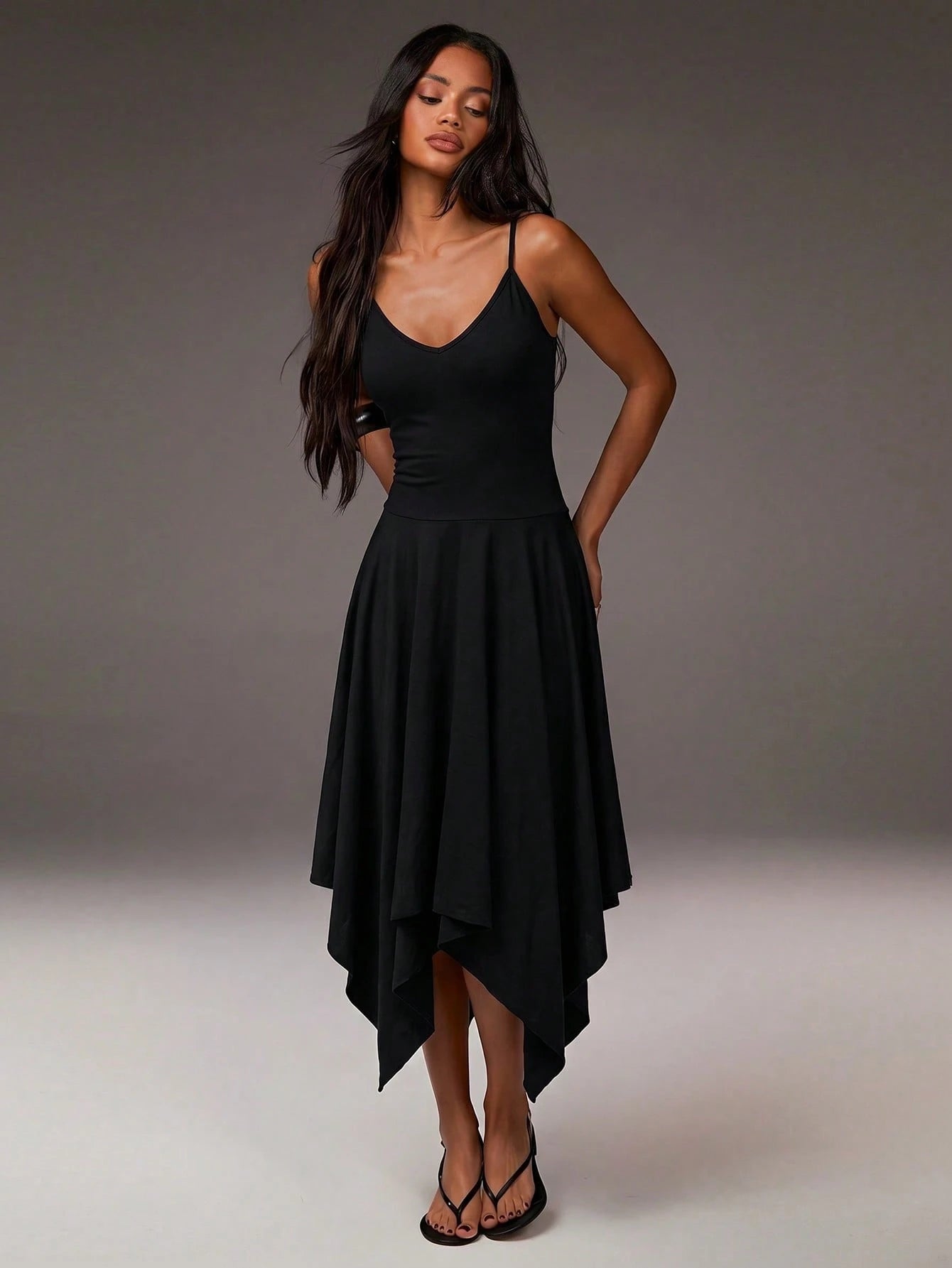Athîral Women's Casual Spaghetti Strap Solid Color Knit Asymmetric Asymmetrical Midi Dress, Women's Flowy Everyday Dress, Casual Dress
