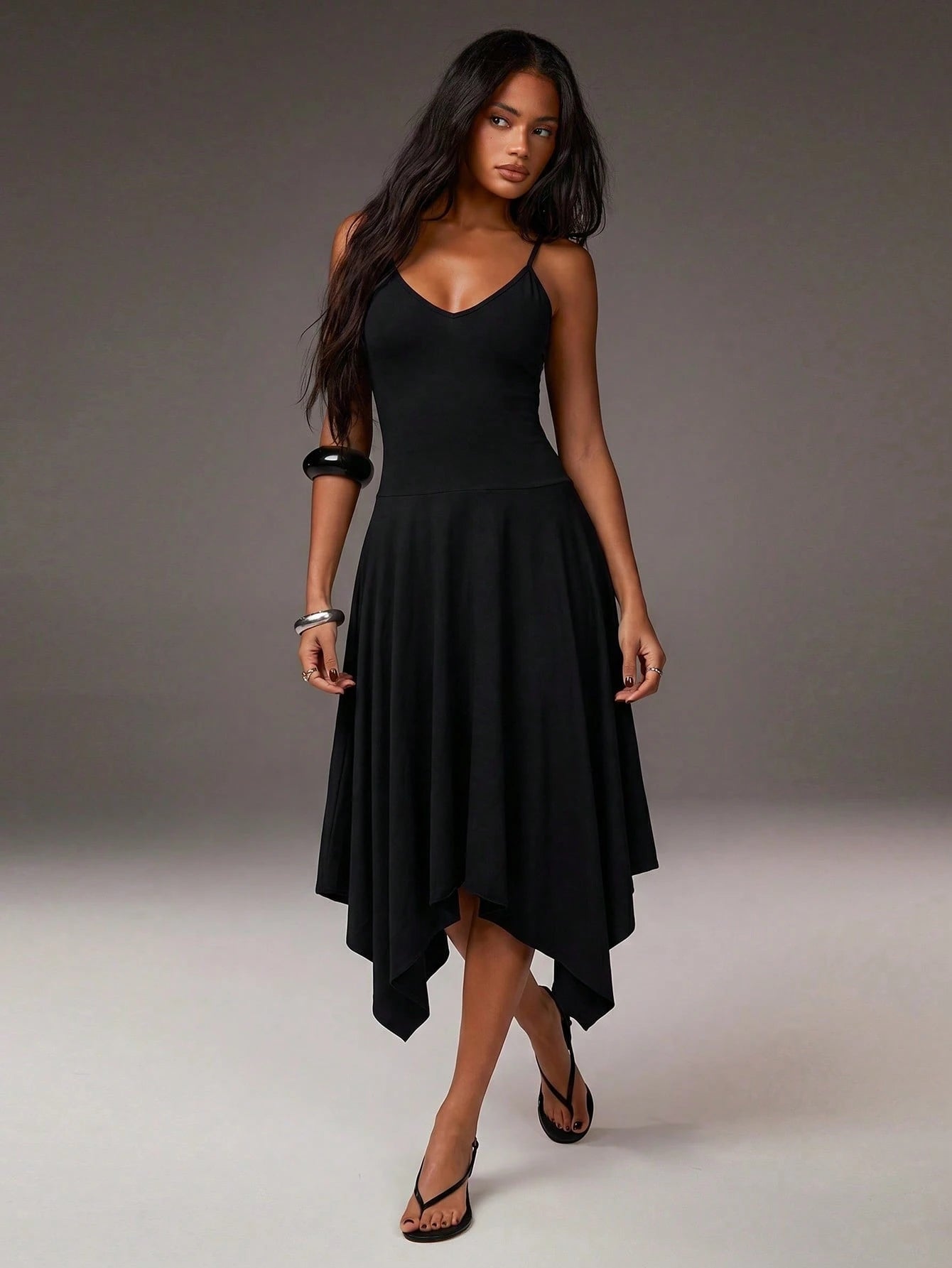 Athîral Women's Casual Spaghetti Strap Solid Color Knit Asymmetric Asymmetrical Midi Dress, Women's Flowy Everyday Dress, Casual Dress