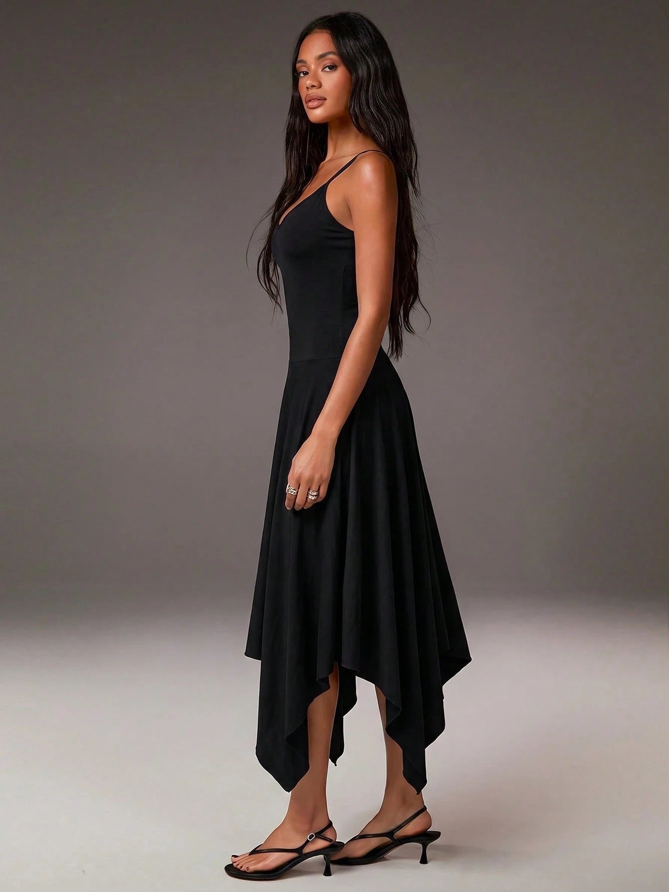 Athîral Women's Casual Spaghetti Strap Solid Color Knit Asymmetric Asymmetrical Midi Dress, Women's Flowy Everyday Dress, Casual Dress