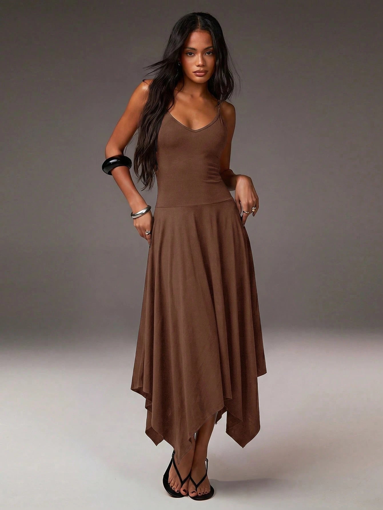 Athîral Women's Casual Spaghetti Strap Solid Color Knit Asymmetric Asymmetrical Midi Dress, Women's Flowy Everyday Dress, Casual Dress