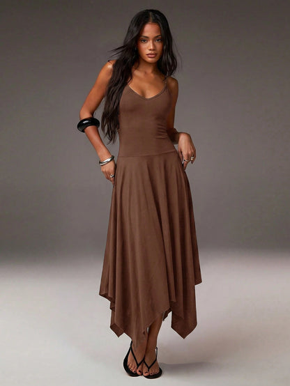 Athîral Women's Casual Spaghetti Strap Solid Color Knit Asymmetric Asymmetrical Midi Dress, Women's Flowy Everyday Dress, Casual Dress