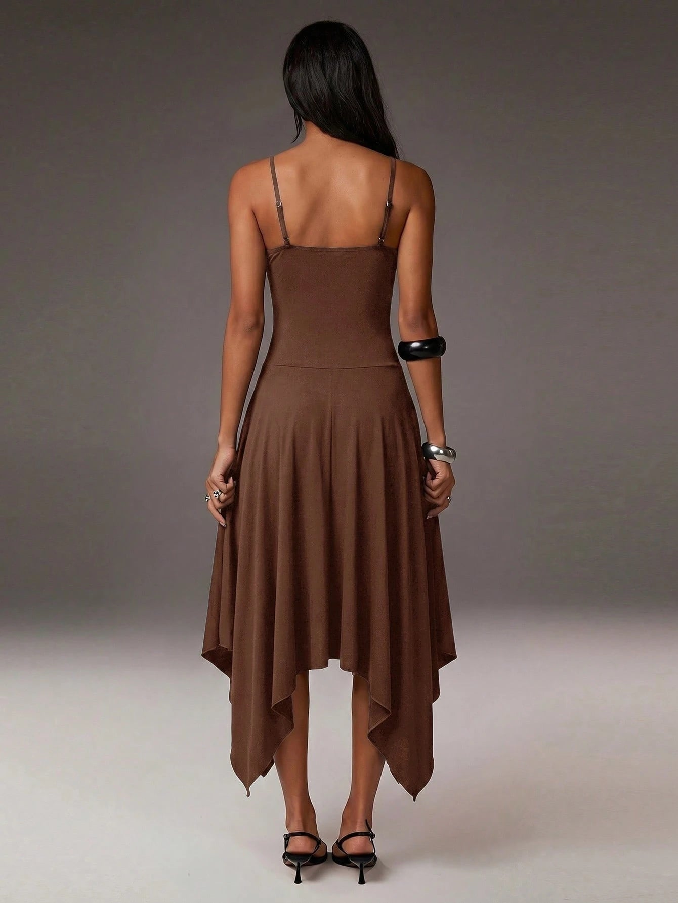 Athîral Women's Casual Spaghetti Strap Solid Color Knit Asymmetric Asymmetrical Midi Dress, Women's Flowy Everyday Dress, Casual Dress
