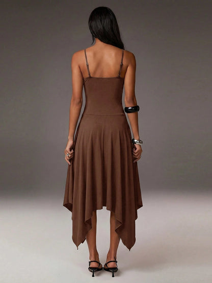 Athîral Women's Casual Spaghetti Strap Solid Color Knit Asymmetric Asymmetrical Midi Dress, Women's Flowy Everyday Dress, Casual Dress