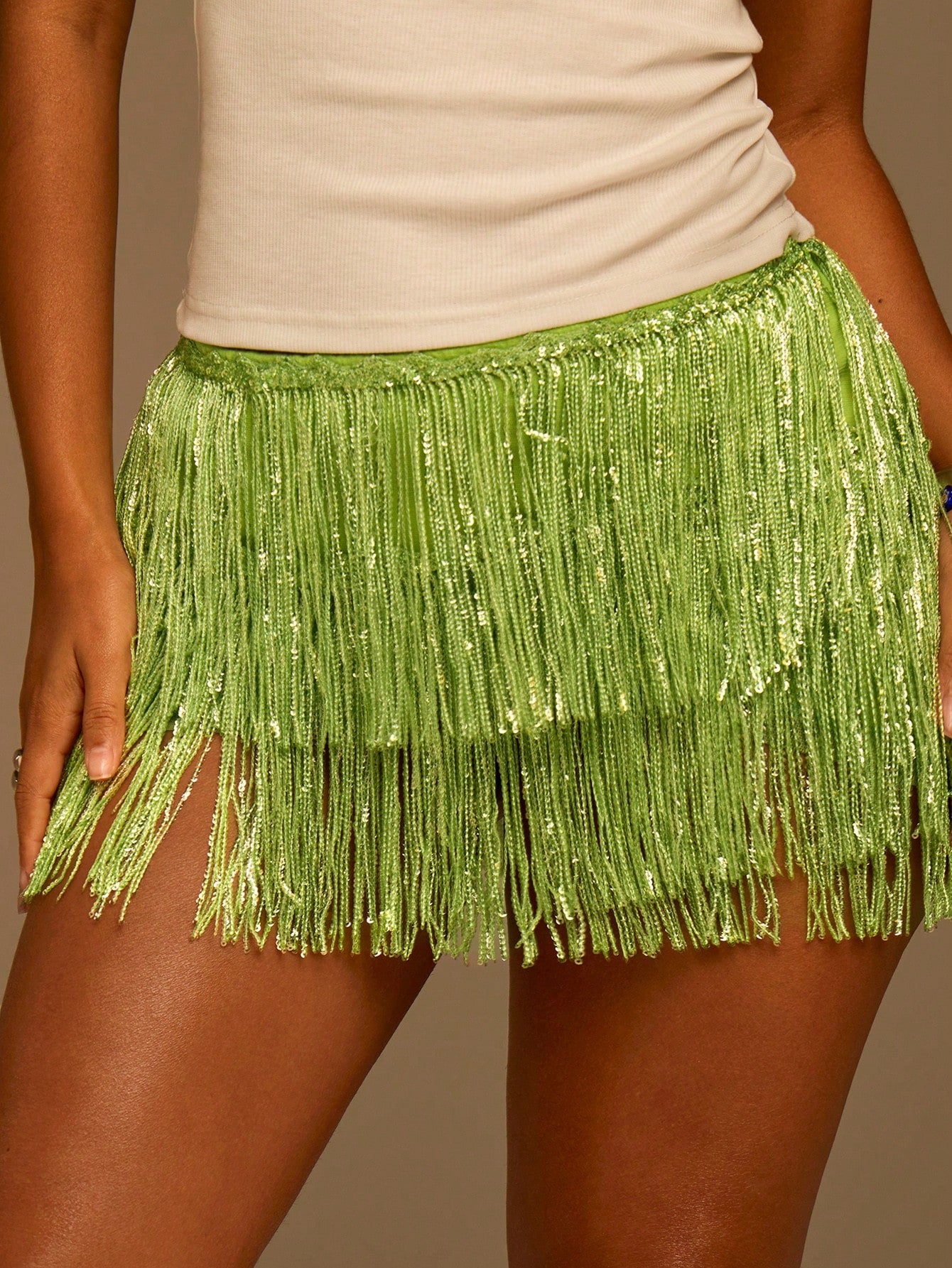 Athîral Women's Lime Green Beaded Fringe Mini Skirt,Seductive Y2K Style Semi-Sheer Woven Fabric For Birthday,Summer Holiday,Hawaii & Havana Nights Vacation