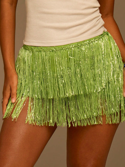 Athîral Women's Lime Green Beaded Fringe Mini Skirt,Seductive Y2K Style Semi-Sheer Woven Fabric For Birthday,Summer Holiday,Hawaii & Havana Nights Vacation