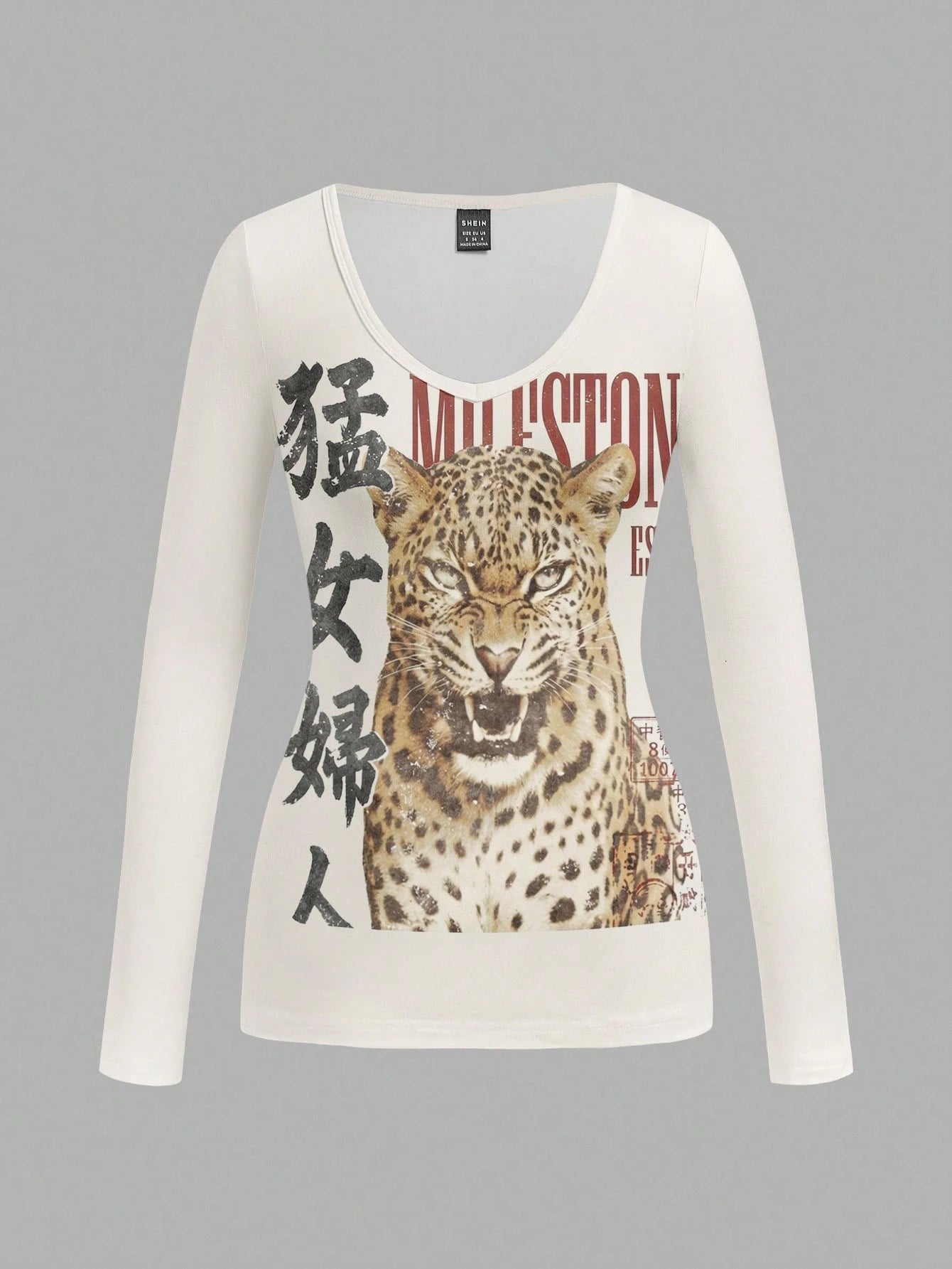 Attitoon Plus Size Women's V-Neck Fitted Long Sleeve T-Shirt, Casual Minimalist Everyday Versatile Party Gathering Vintage Punk Airport Y2K Top, Leopard Chinese Character Distressed Print Pattern, Out