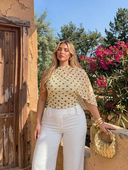 Auralis Plus Size Asymmetrical Mesh Sheer Brown Polka Dot Top,Summer Elegant Boat Neck Ruched Waist Office Wear,Wedding Guest Party Wear Y2K Club