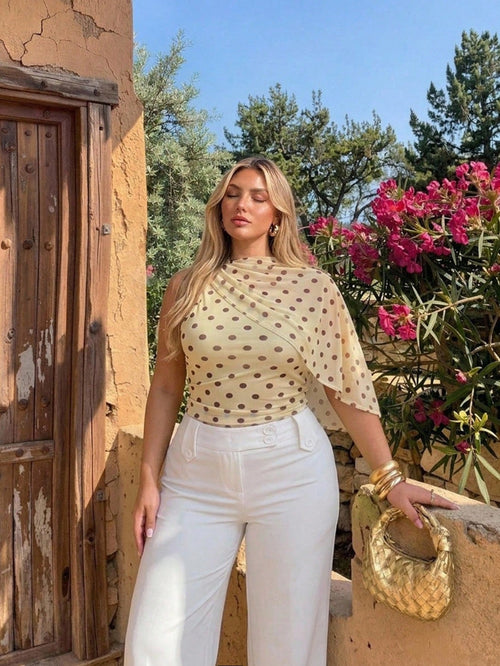 Auralis Plus Size Asymmetrical Mesh Sheer Brown Polka Dot Top,Summer Elegant Boat Neck Ruched Waist Office Wear,Wedding Guest Party Wear Y2K Club