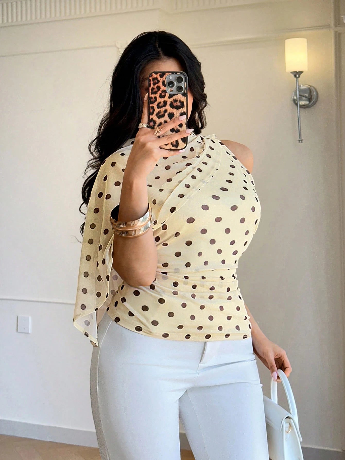 Auralis Plus Size Asymmetrical Mesh Sheer Brown Polka Dot Top,Summer Elegant Boat Neck Ruched Waist Office Wear,Wedding Guest Party Wear Y2K Club