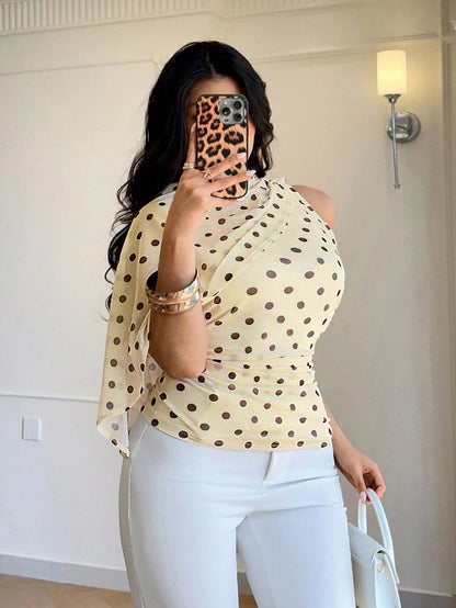 Auralis Plus Size Asymmetrical Mesh Sheer Brown Polka Dot Top,Summer Elegant Boat Neck Ruched Waist Office Wear,Wedding Guest Party Wear Y2K Club