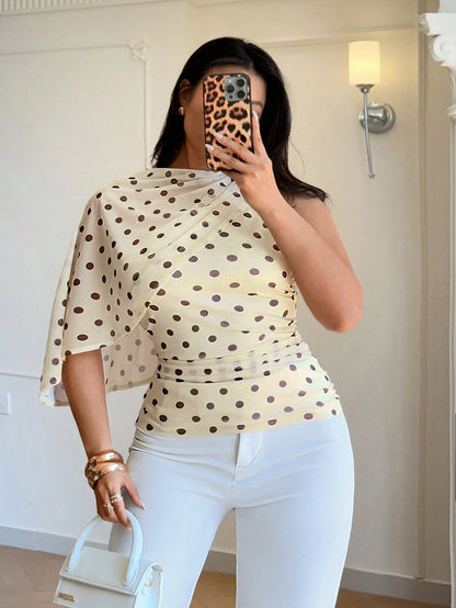 Auralis Plus Size Asymmetrical Mesh Sheer Brown Polka Dot Top,Summer Elegant Boat Neck Ruched Waist Office Wear,Wedding Guest Party Wear Y2K Club