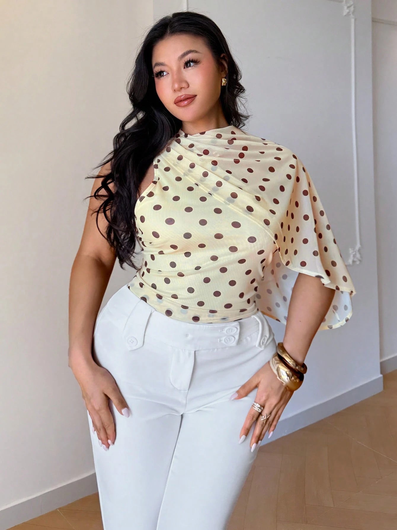 Auralis Plus Size Asymmetrical Mesh Sheer Brown Polka Dot Top,Summer Elegant Boat Neck Ruched Waist Office Wear,Wedding Guest Party Wear Y2K Club