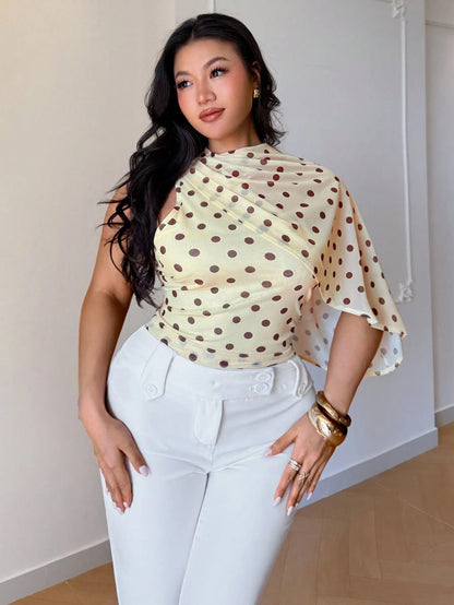 Auralis Plus Size Asymmetrical Mesh Sheer Brown Polka Dot Top,Summer Elegant Boat Neck Ruched Waist Office Wear,Wedding Guest Party Wear Y2K Club