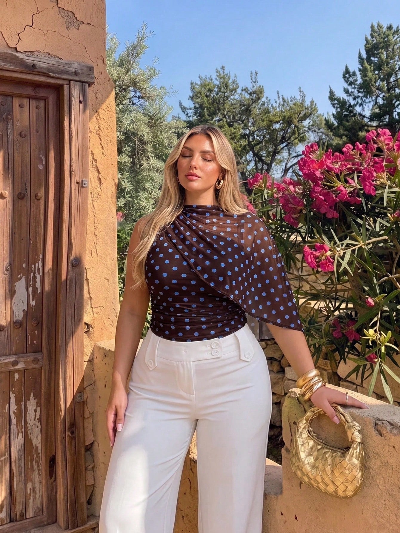 Auralis Plus Size Asymmetrical Mesh Sheer Brown Polka Dot Top,Summer Elegant Boat Neck Ruched Waist Office Wear,Wedding Guest Party Wear Y2K Club