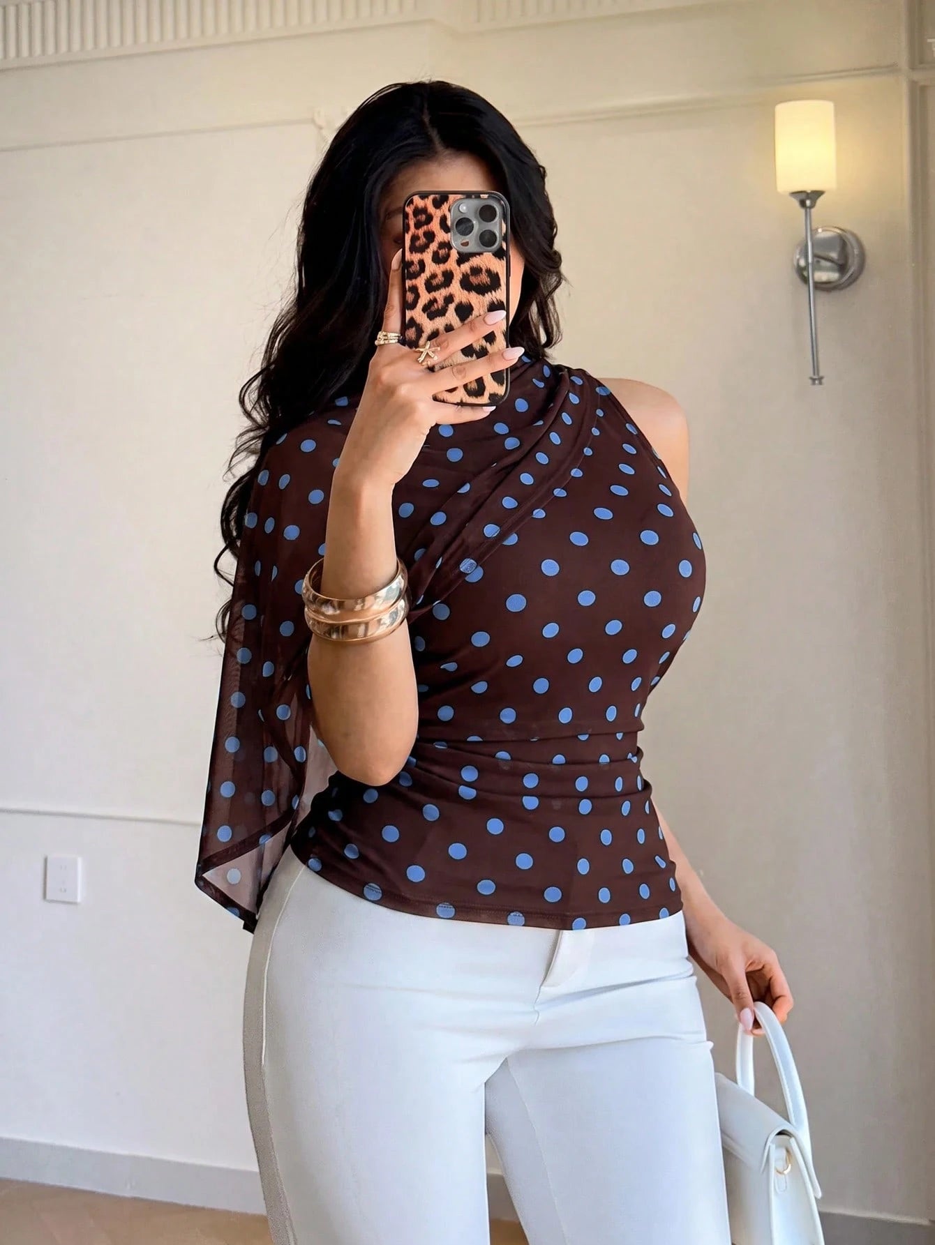 Auralis Plus Size Asymmetrical Mesh Sheer Brown Polka Dot Top,Summer Elegant Boat Neck Ruched Waist Office Wear,Wedding Guest Party Wear Y2K Club