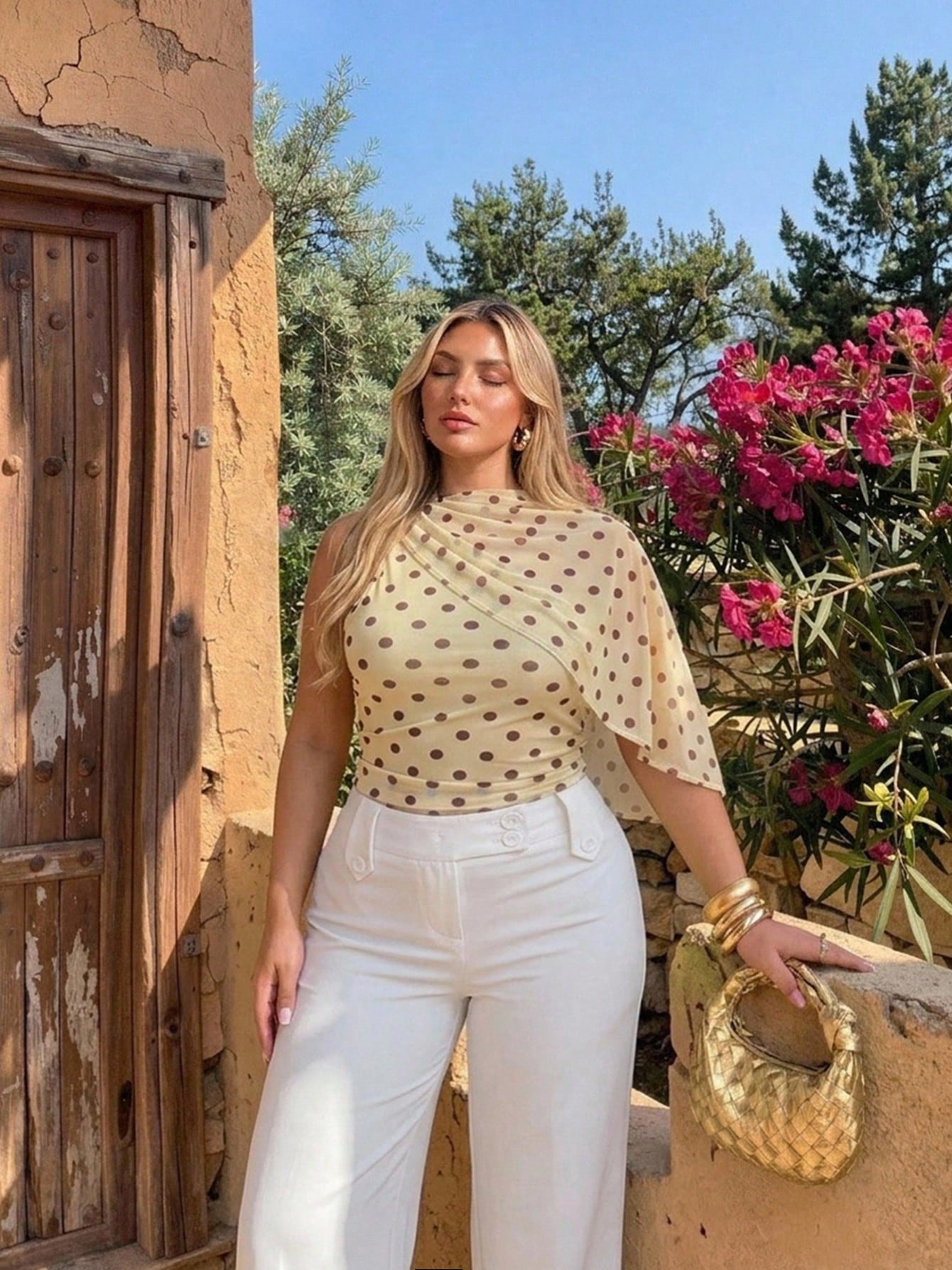 Auralis Plus Size Asymmetrical Mesh Sheer Brown Polka Dot Top,Summer Elegant Boat Neck Ruched Waist Office Wear,Wedding Guest Party Wear Y2K Club