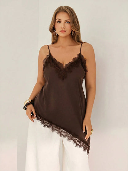 Auralis Plus Size Women Asymmetrical Hem Lace Patchwork Camisole Top