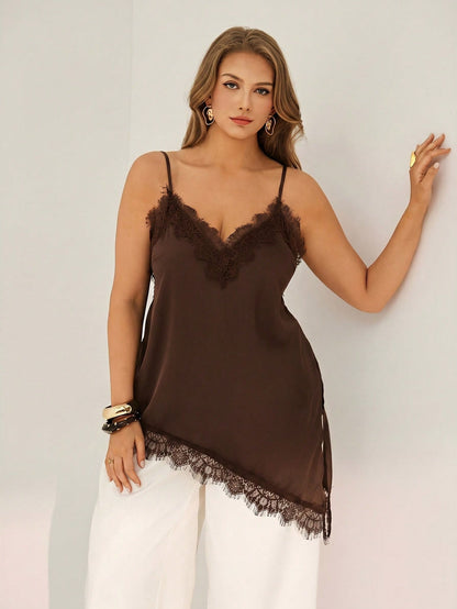 Auralis Plus Size Women Asymmetrical Hem Lace Patchwork Camisole Top