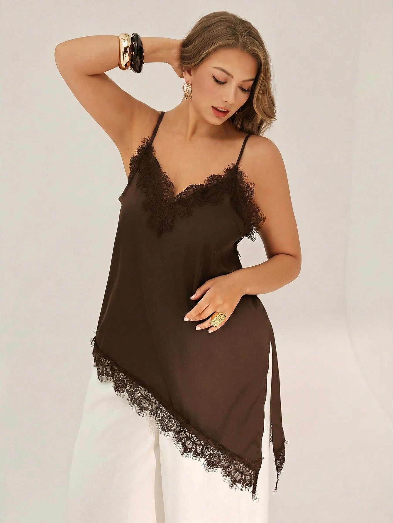 Auralis Plus Size Women Asymmetrical Hem Lace Patchwork Camisole Top