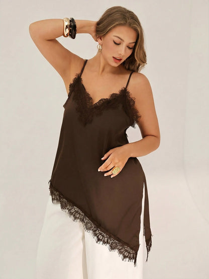 Auralis Plus Size Women Asymmetrical Hem Lace Patchwork Camisole Top