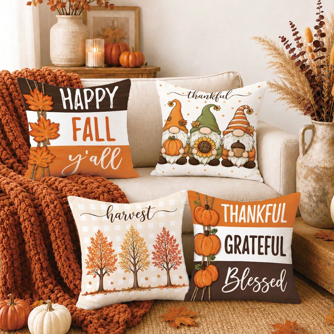 Autumn Cartoon Pumpkin Gnome Maple Leaf Cushion Cover 4-Piece Set, Single-Sided Printed Peach Skin Velvet Polyester Material, 45*45CM Pillowcase For Modern Fabric Sofa Indoor Decoration, Party Decor