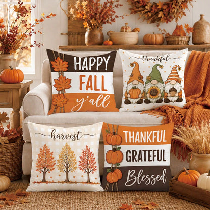 Autumn Cartoon Pumpkin Gnome Maple Leaf Cushion Cover 4-Piece Set, Single-Sided Printed Peach Skin Velvet Polyester Material, 45*45CM Pillowcase For Modern Fabric Sofa Indoor Decoration, Party Decor