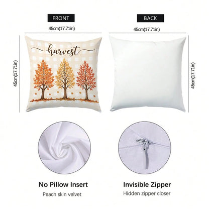 Autumn Cartoon Pumpkin Gnome Maple Leaf Cushion Cover 4-Piece Set, Single-Sided Printed Peach Skin Velvet Polyester Material, 45*45CM Pillowcase For Modern Fabric Sofa Indoor Decoration, Party Decor