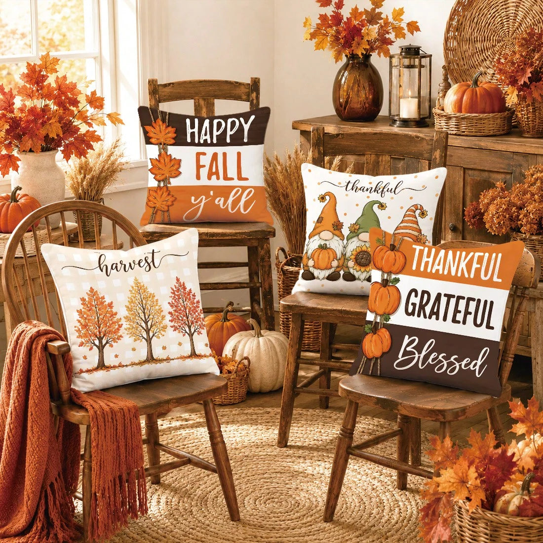 Autumn Cartoon Pumpkin Gnome Maple Leaf Cushion Cover 4-Piece Set, Single-Sided Printed Peach Skin Velvet Polyester Material, 45*45CM Pillowcase For Modern Fabric Sofa Indoor Decoration, Party Decor