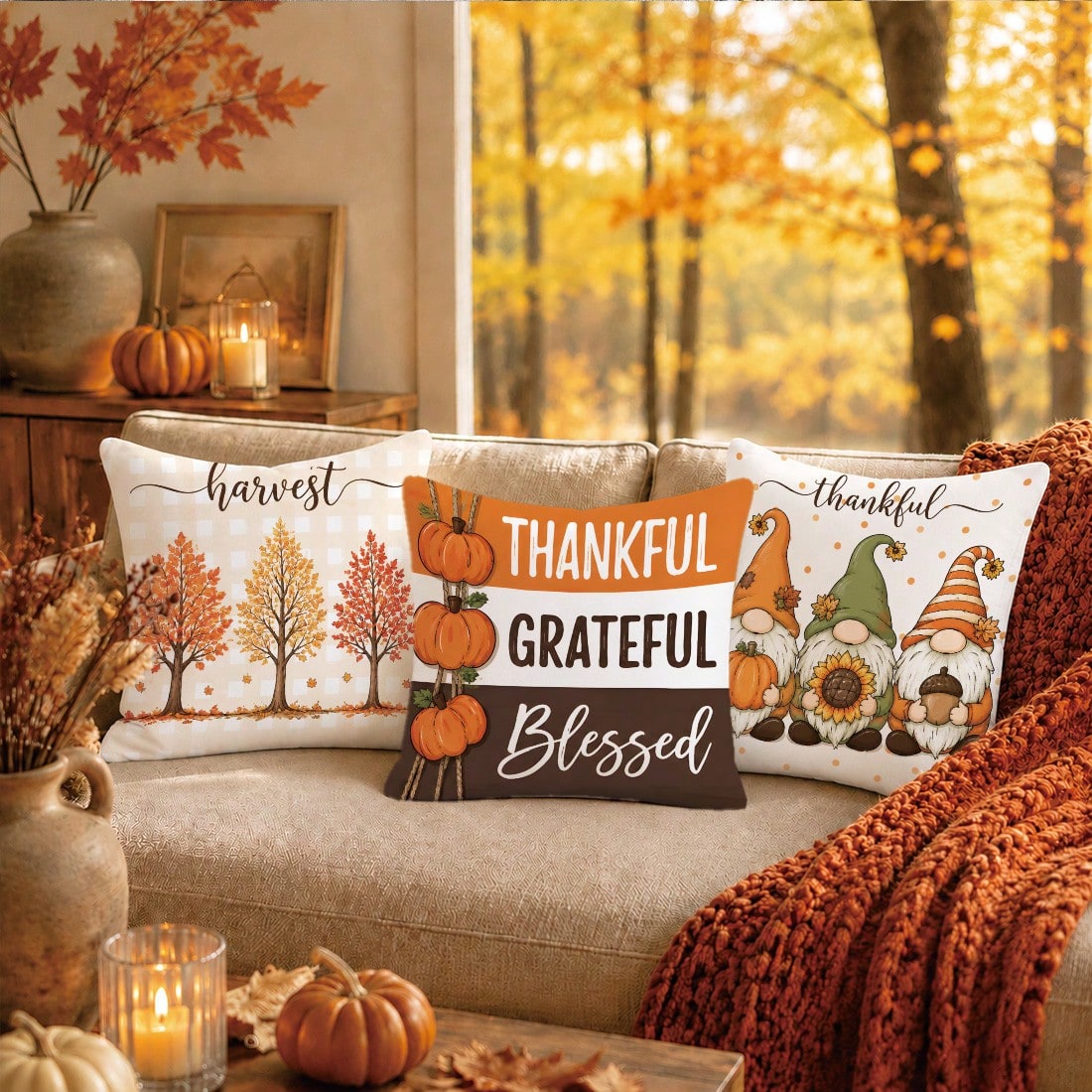 Autumn Cartoon Pumpkin Gnome Maple Leaf Cushion Cover 4-Piece Set, Single-Sided Printed Peach Skin Velvet Polyester Material, 45*45CM Pillowcase For Modern Fabric Sofa Indoor Decoration, Party Decor