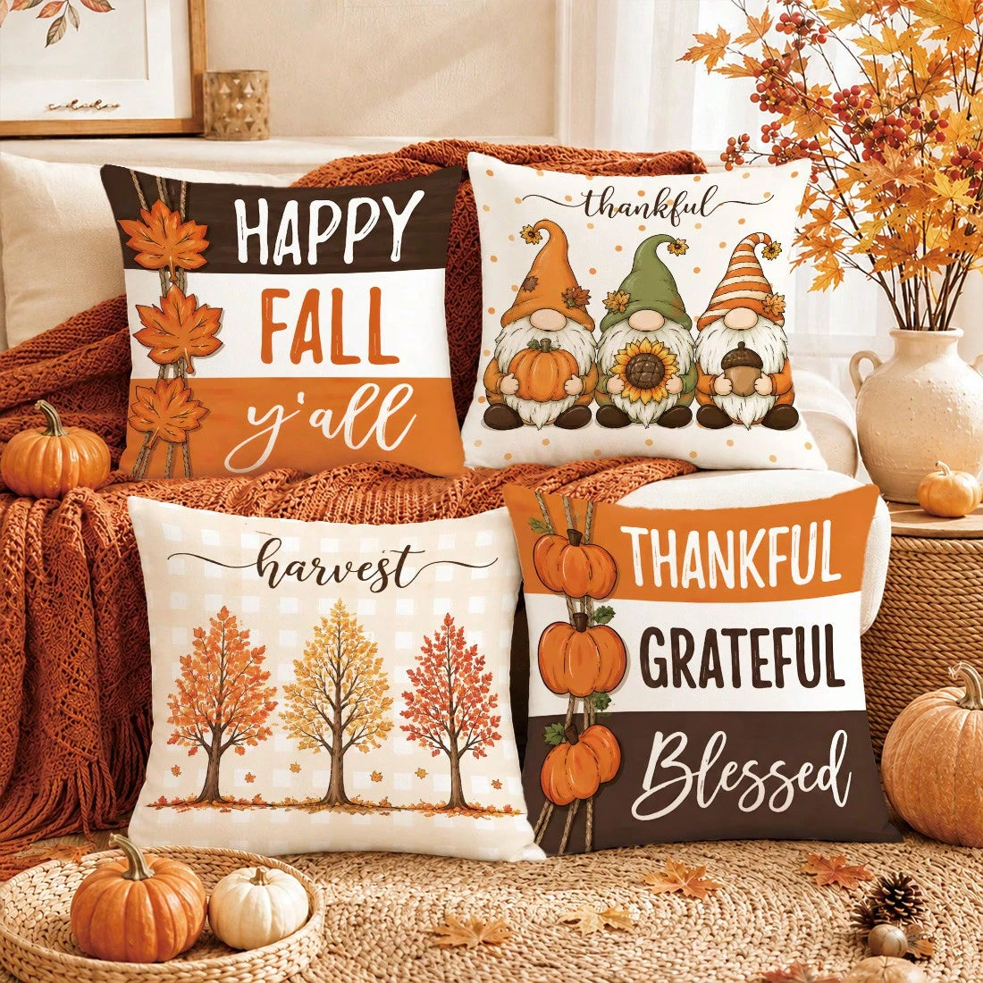 Autumn Cartoon Pumpkin Gnome Maple Leaf Cushion Cover 4-Piece Set, Single-Sided Printed Peach Skin Velvet Polyester Material, 45*45CM Pillowcase For Modern Fabric Sofa Indoor Decoration, Party Decor
