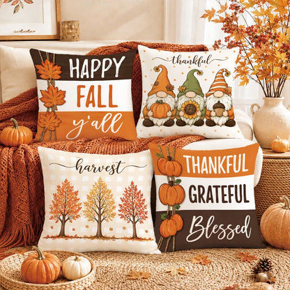 Autumn Cartoon Pumpkin Gnome Maple Leaf Cushion Cover 4-Piece Set, Single-Sided Printed Peach Skin Velvet Polyester Material, 45*45CM Pillowcase For Modern Fabric Sofa Indoor Decoration, Party Decor