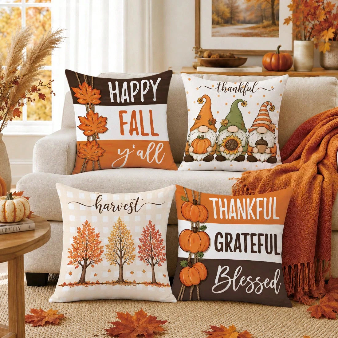 Autumn Cartoon Pumpkin Gnome Maple Leaf Cushion Cover 4-Piece Set, Single-Sided Printed Peach Skin Velvet Polyester Material, 45*45CM Pillowcase For Modern Fabric Sofa Indoor Decoration, Party Decor