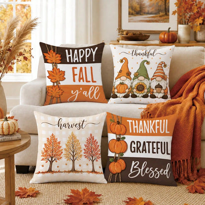 Autumn Cartoon Pumpkin Gnome Maple Leaf Cushion Cover 4-Piece Set, Single-Sided Printed Peach Skin Velvet Polyester Material, 45*45CM Pillowcase For Modern Fabric Sofa Indoor Decoration, Party Decor