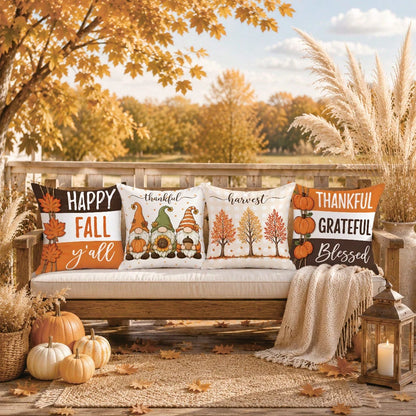 Autumn Cartoon Pumpkin Gnome Maple Leaf Cushion Cover 4-Piece Set, Single-Sided Printed Peach Skin Velvet Polyester Material, 45*45CM Pillowcase For Modern Fabric Sofa Indoor Decoration, Party Decor
