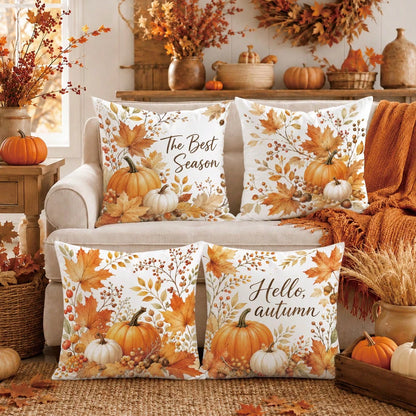 Autumn Pumpkin Maple Leaf Berry Cushion Cover 4pcs Set, Single-Sided Printed Peach Skin Velvet Polyester Material, 45*45CM Pillow Covers For Modern Fabric Sofa Indoor Decoration, Party Decor, Gift Giv
